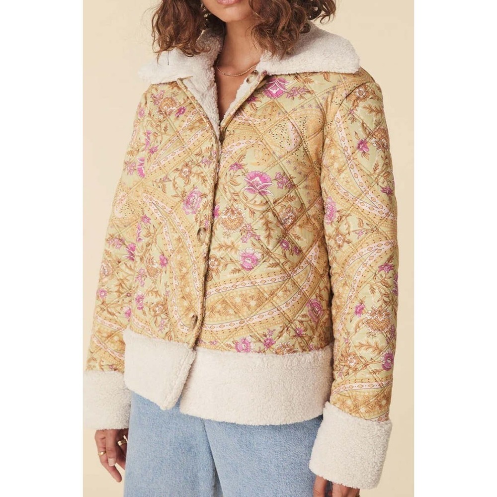 Spell Quilted‎ Sherpa Jacket Womens Large Yellow Floral Boho Cottagecore Paisley